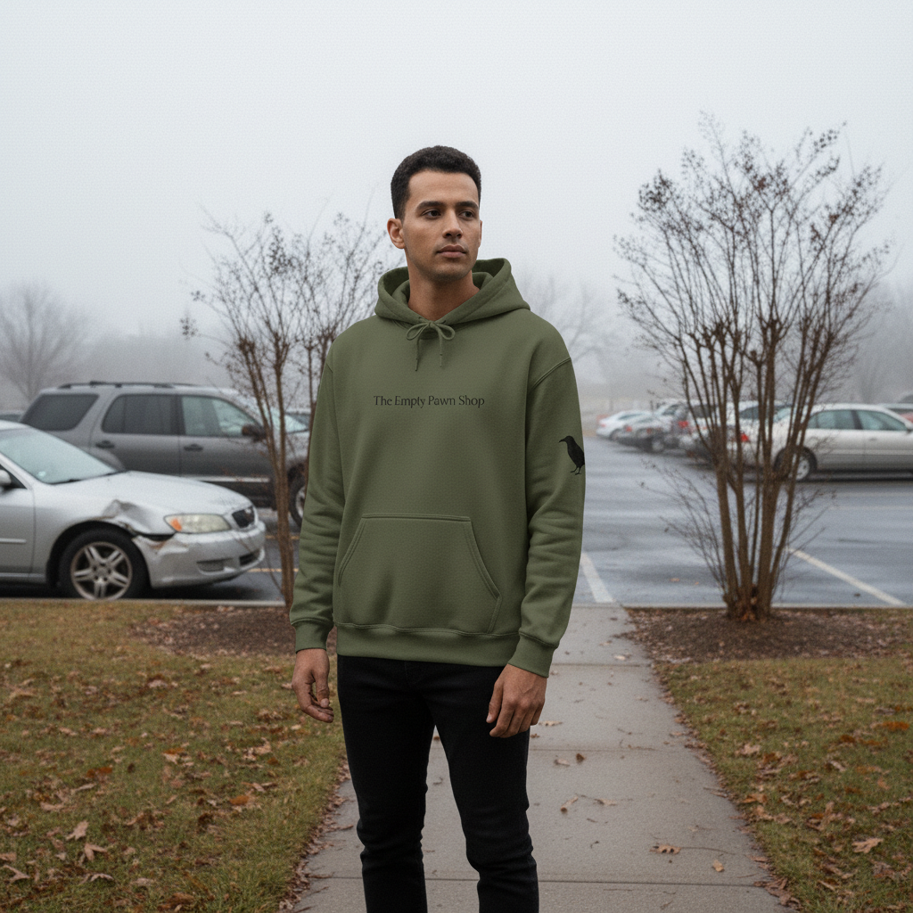 Person wearing the Mark of the Crow hoodie outdoors on a gloomy fall day
