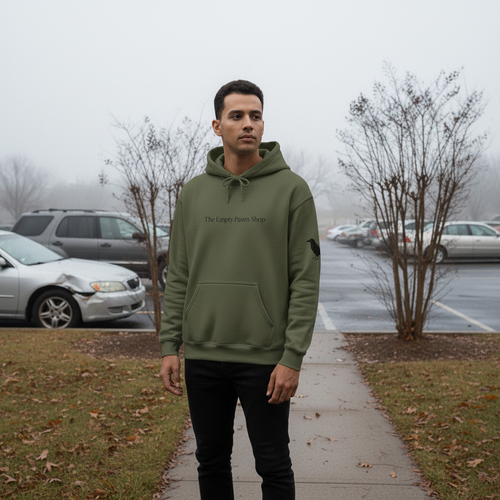 Person wearing the Mark of the Crow hoodie outdoors on a gloomy fall day